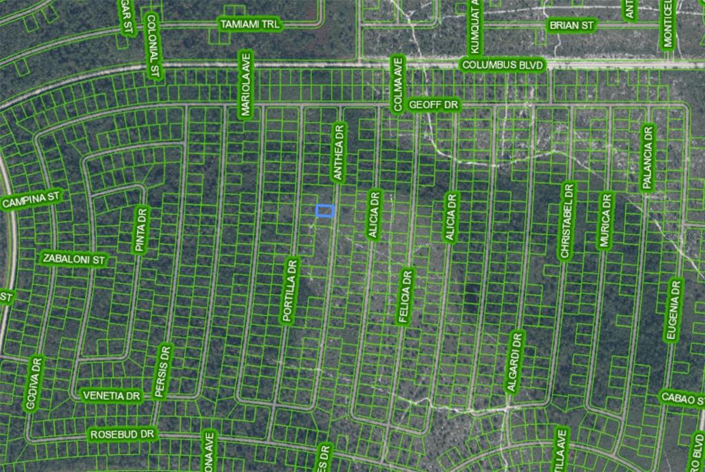 This is an aerial map showing a grid of residential land parcels and street names — 6623 ANTHEA DRIVE, SEBRING, FL
