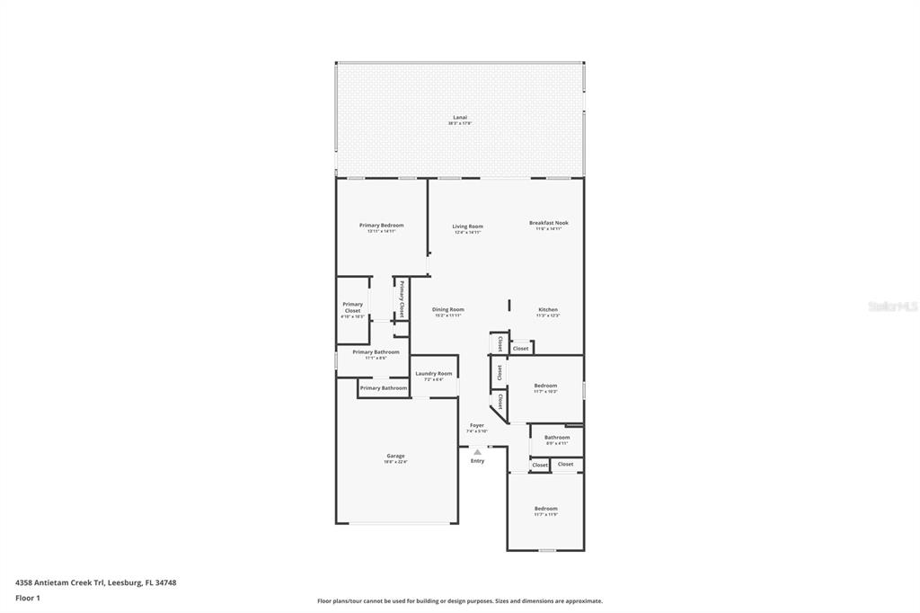 This is a floor plan for a single-story house with a garage and a lanai — 4358 ANTIETAM CREEK TRAIL, LEESBURG, FL