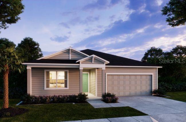 A digital rendering of a single-story suburban house with a two-car garage and light siding — 874 SW 80TH WAY, GAINESVILLE, FL