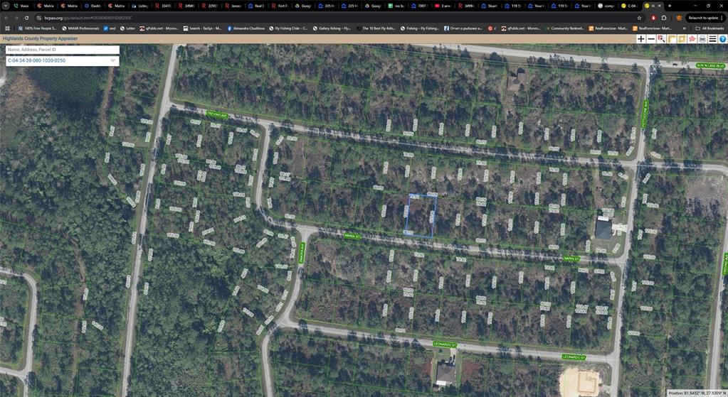 This is a satellite map view of a residential area with multiple vacant land parcels — 8004 MARIN STREET, SEBRING, FL