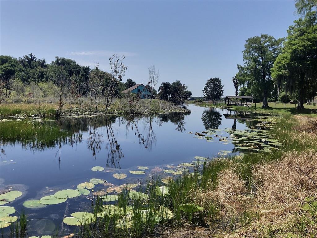 A calm pond with lily pads reflects a house and trees under a clear blue sky — 0 SE 110TH STREET ROAD, BELLEVIEW, FL
