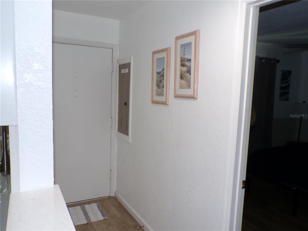 A hallway features a white door, two framed pictures on the wall, and wood flooring — 649 TAMIAMI TRAIL S UNIT 305, VENICE, FL