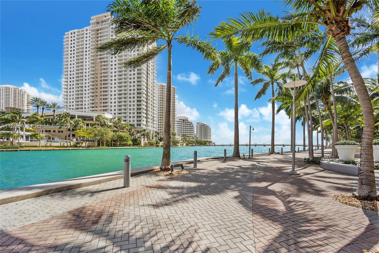 A paved waterfront walkway lined with palm trees overlooks a canal and high-rise buildings — 495 Brickell Ave # 4710, Miami FL 33131, MIAMI, FL