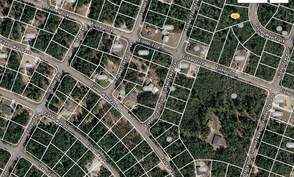 This is an aerial map view of a residential neighborhood with various land parcels — FISHER TRACE TRAIL, OCKLAWAHA, FL