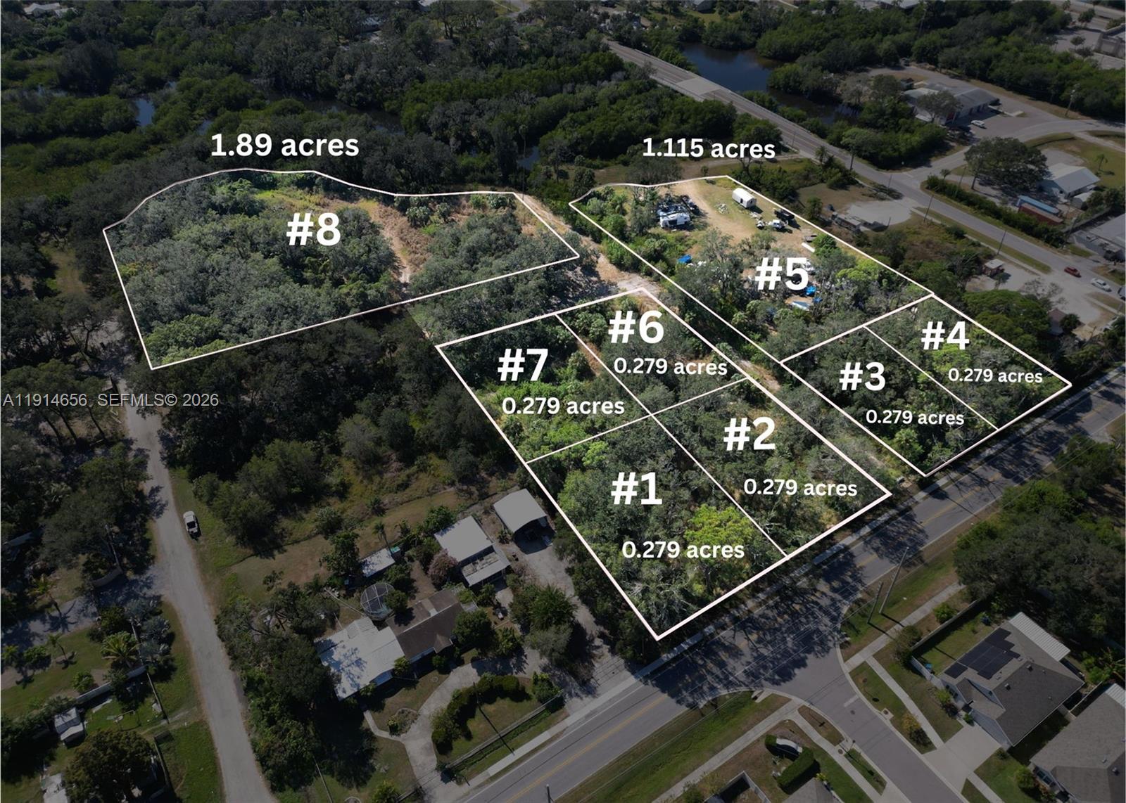 An aerial view shows multiple land parcels outlined in white with their respective acreage labels — 301 E Shell Point Road, Tampa FL 33570, TAMPA, FL
