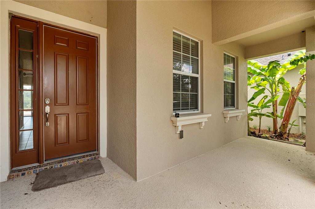 A covered entryway features a brown front door with a sidelight and a small window — 2355 SABASTIAN STREET, MOUNT DORA, FL