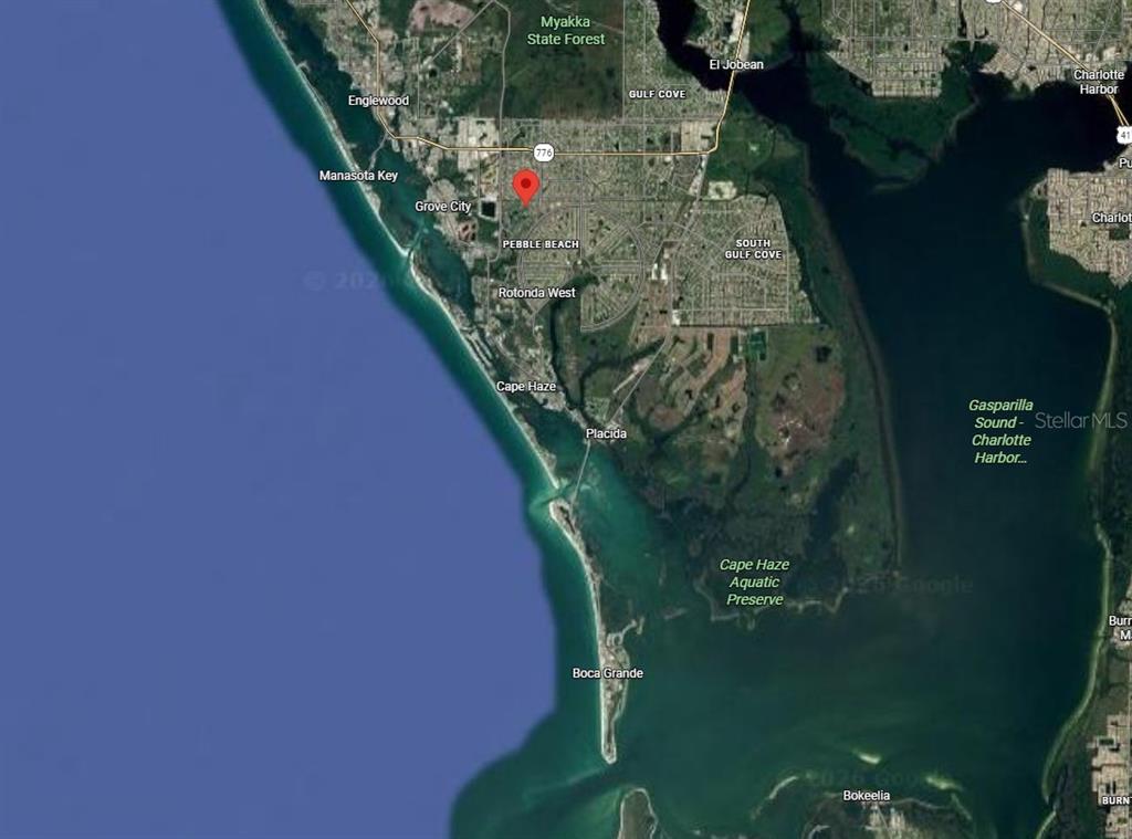 This is a satellite map showing the Cape Haze peninsula and surrounding coastal areas in Florida — 105 SWAN DRIVE, ROTONDA WEST, FL