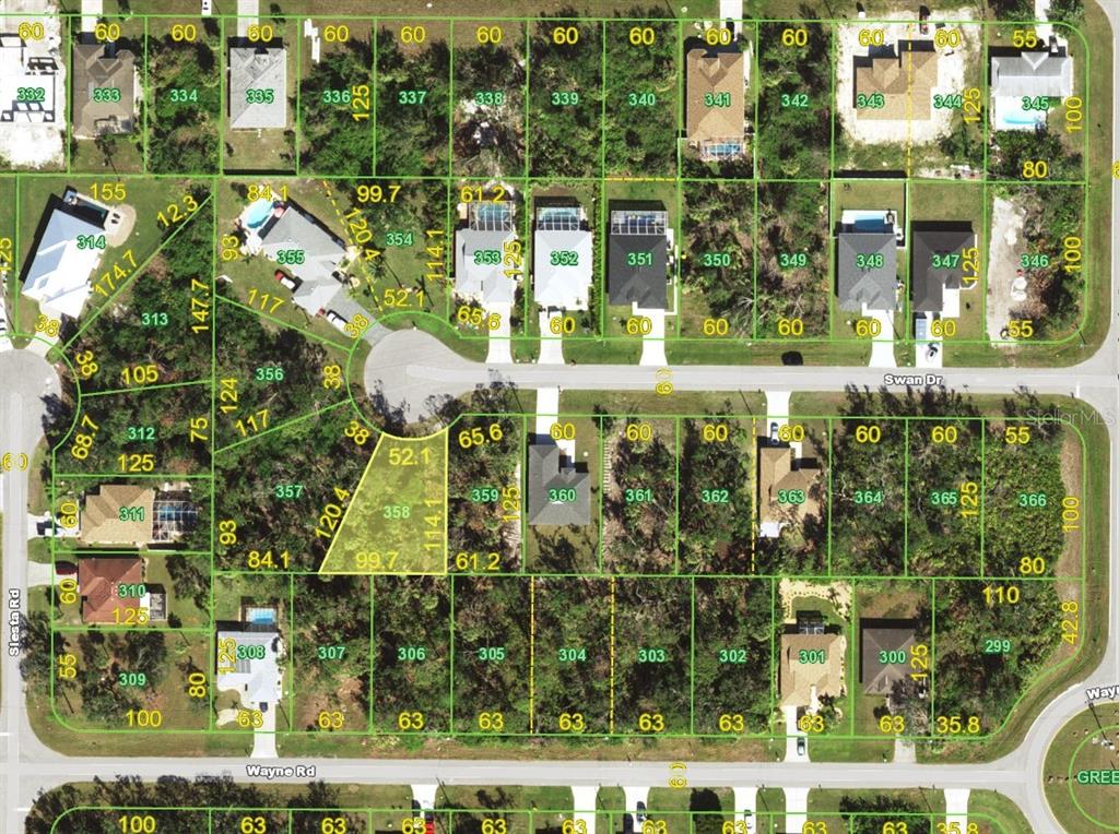 This is a satellite map showing residential lots and houses in a suburban neighborhood — 105 SWAN DRIVE, ROTONDA WEST, FL