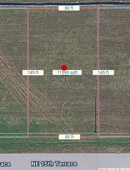 This is an aerial map showing a rectangular plot of land measuring 80 by 145 feet — 623 NE 15TH TERRACE, CAPE CORAL, FL