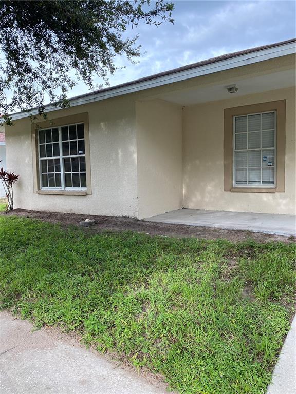 The exterior of a beige house features two windows and a small concrete porch — 10328 SUMMERVIEW CIRCLE, RIVERVIEW, FL