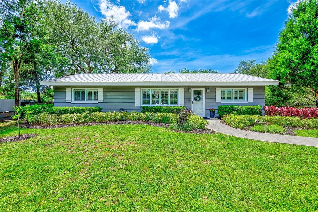 A single-story house with gray siding, a metal roof, and a front lawn — 175 RIVIERE ROAD, PALM HARBOR, FL