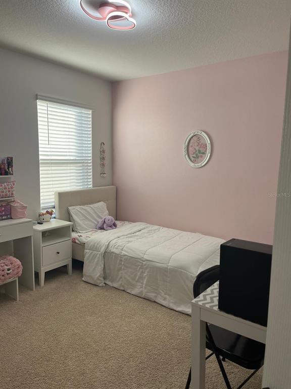 A bedroom with a twin bed, pink accent wall, white furniture, and a ceiling light — 1538 BITTEROOT STREET, KISSIMMEE, FL