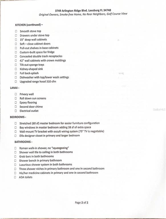 This document lists property features for the kitchen, lanai, bedrooms, and bathrooms of a home — 3749 ARLINGTON RIDGE BOULEVARD, LEESBURG, FL
