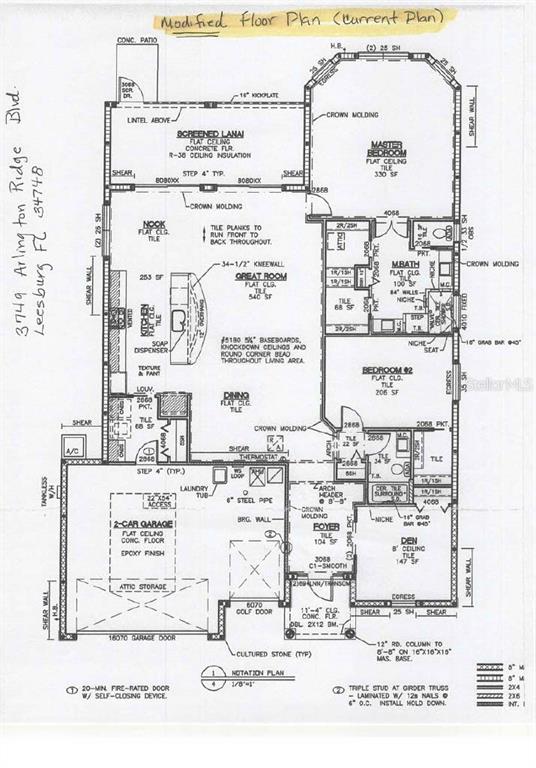 This is a floor plan for a single-story residential home with a two-car garage — 3749 ARLINGTON RIDGE BOULEVARD, LEESBURG, FL