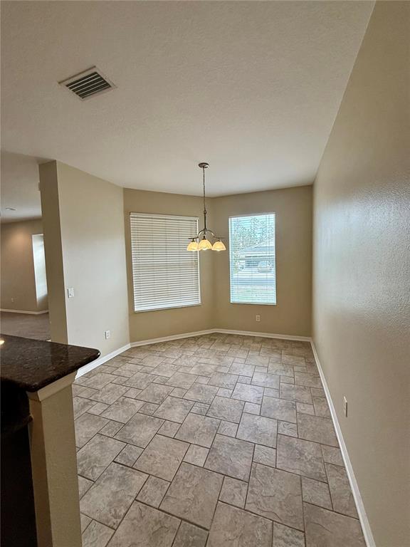 A dining area features tile flooring, a hanging light fixture, and two windows with blinds — 3345 CHAPEL CREEK CIRCLE, WESLEY CHAPEL, FL