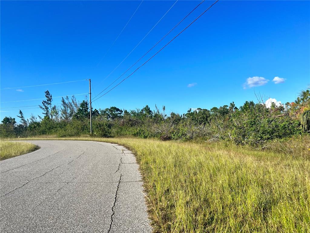 A paved road curves past a grassy lot with trees and utility lines under blue sky — 9829 SHELBURNE CIRCLE, PORT CHARLOTTE, FL