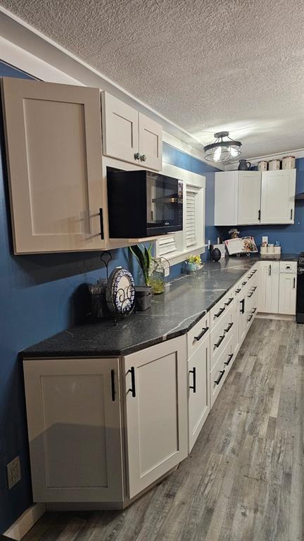 A kitchen features white cabinets, dark countertops, blue walls, and wood-look flooring — 42349 FONSECA LANE, DELAND, FL