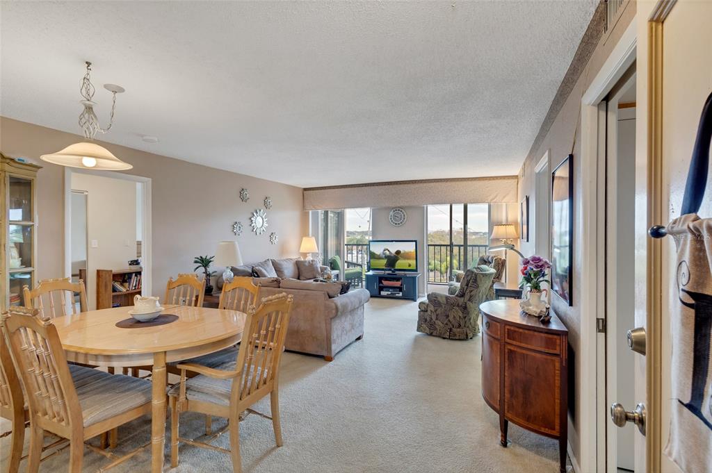 A living and dining room area with carpeted floors, a balcony, and a wooden table — 19029 US HIGHWAY 19 N UNIT 9-308, CLEARWATER, FL