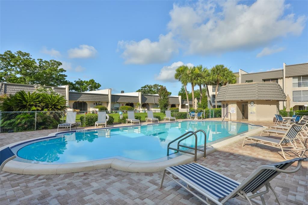 A swimming pool with lounge chairs on a brick patio in front of apartment buildings — 8703 BARDMOOR BOULEVARD UNIT 303, SEMINOLE, FL