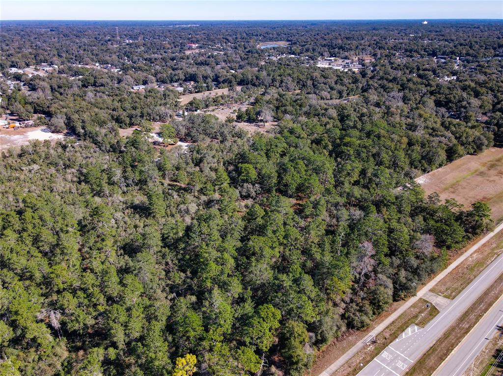 An aerial view shows a large, wooded lot adjacent to a paved road — W RHODE ISLAND AVENUE, ORANGE CITY, FL