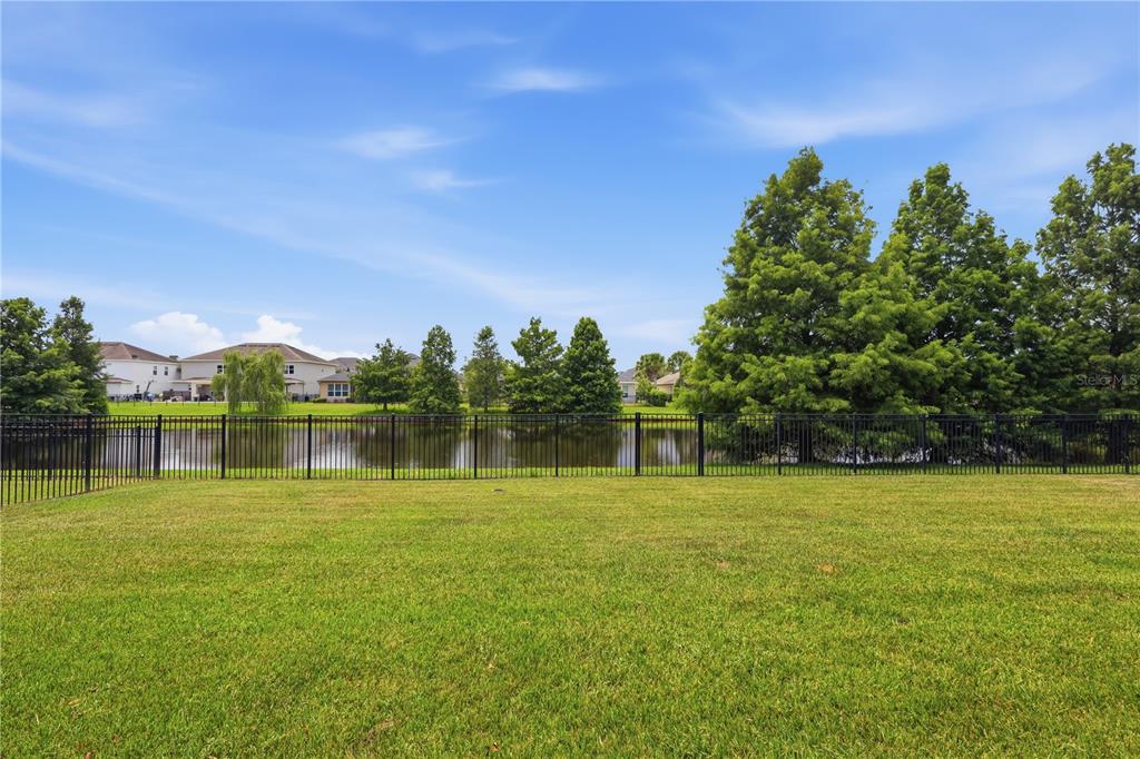 A grassy backyard overlooks a pond with a black metal fence and surrounding trees — 1177 FIELDSTONE CIRCLE, OVIEDO, FL