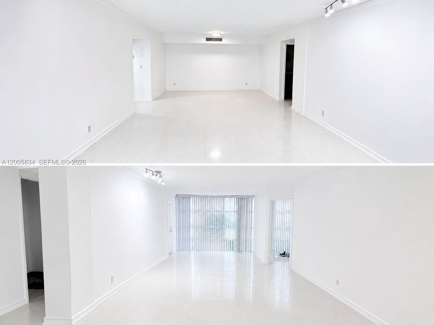 This image shows two views of a bright, empty living room with white tile floors — 701 Three Islands Blvd # 120, Hallandale Beach FL 33009, HALLANDALE BEACH, FL
