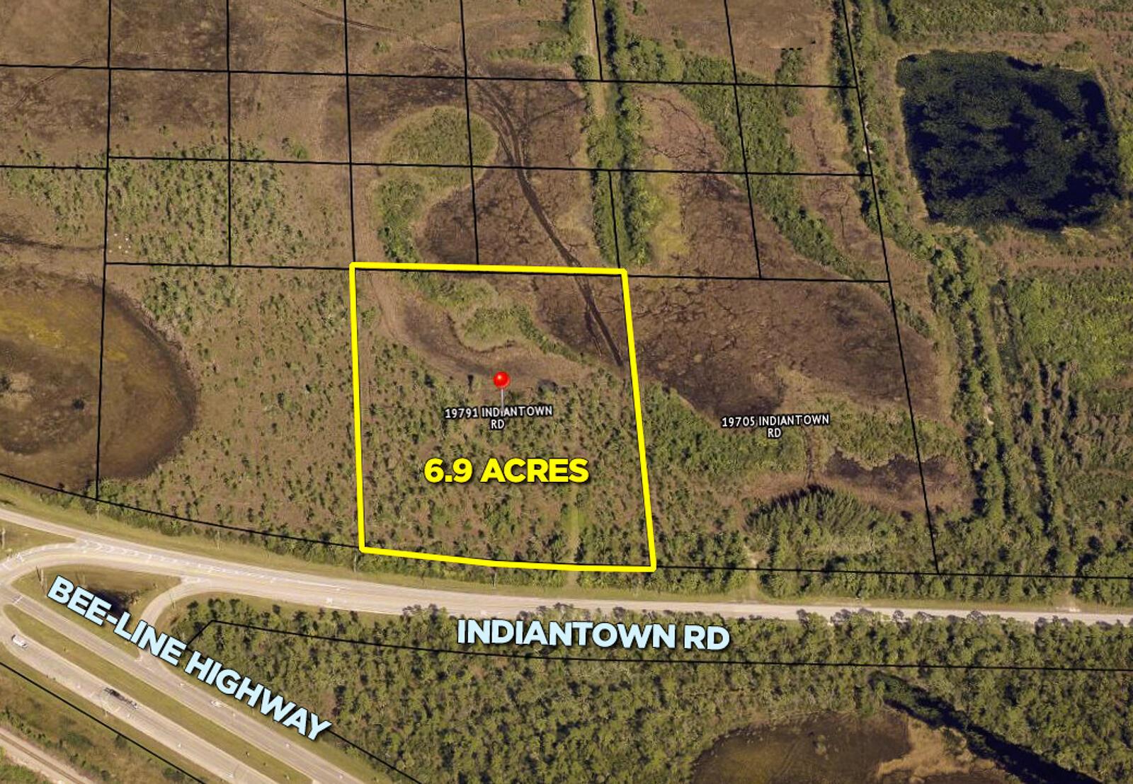 This is an aerial map showing a 6.9-acre parcel of land near a highway — 19791 Indiantown Road, Jupiter FL 33478, JUPITER, FL
