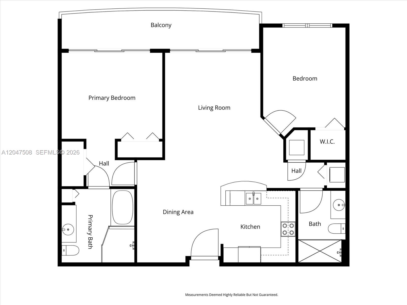 This is a floor plan for a two-bedroom apartment with a balcony and two bathrooms — 3232 SW Coral Way # 903, Miami FL 33145, MIAMI, FL