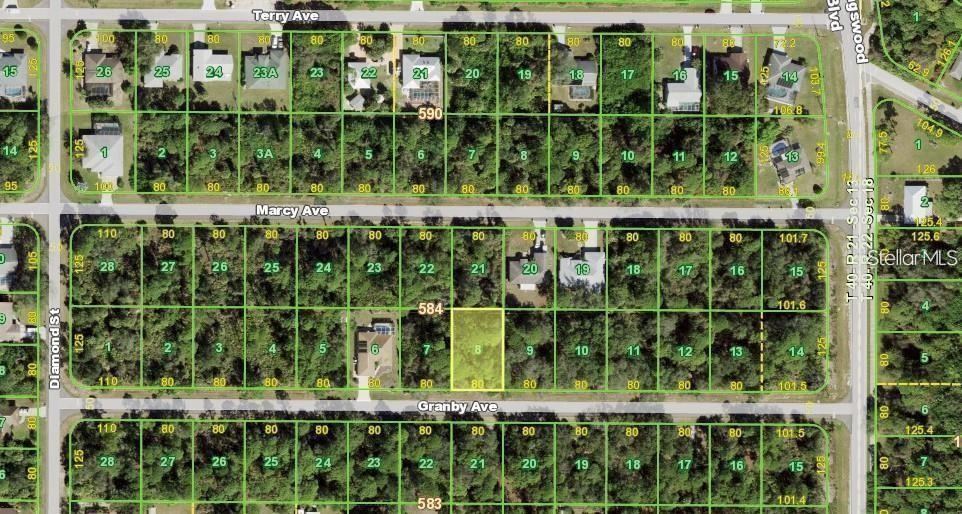 This is a map showing residential land parcels and street layouts in a neighborhood — 17472 GRANBY AVENUE, PORT CHARLOTTE, FL