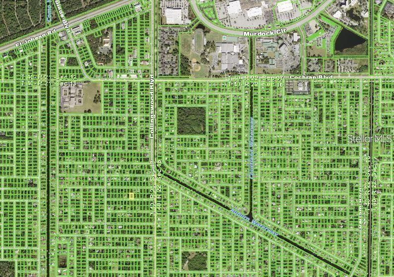 This is an aerial map showing a residential neighborhood with a highlighted property lot — 17472 GRANBY AVENUE, PORT CHARLOTTE, FL