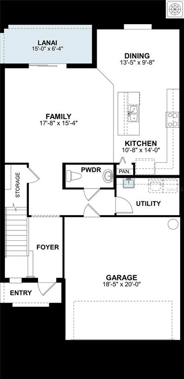 This is a floor plan of a home's first level featuring a garage, kitchen, and family room — 13686 BERRYWOOD COURT, HUDSON, FL