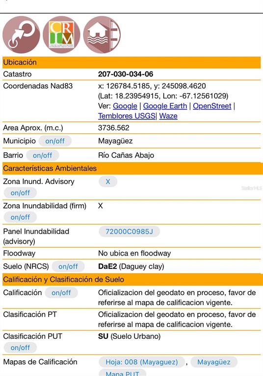 This image is a digital property information report displaying land data, coordinates, and zoning classifications — CALLE PITIRRE Lot 46, MAYAGUEZ, PR