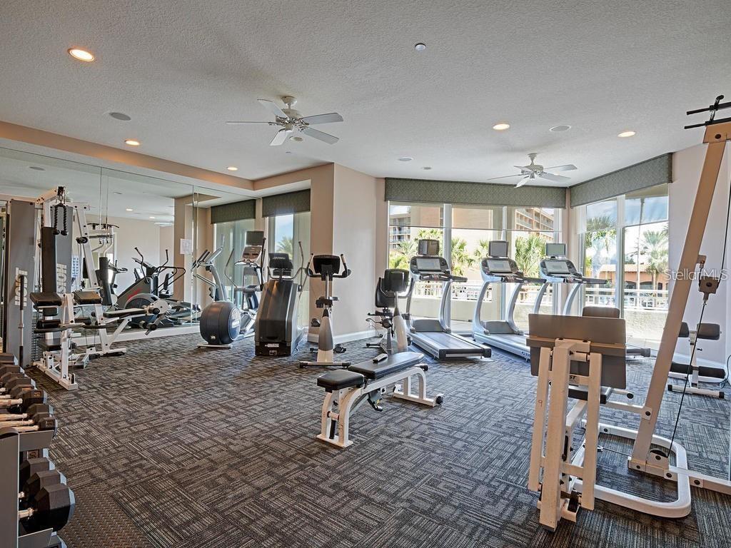 A fitness center features various exercise machines, mirrored walls, and large windows overlooking palm trees — 1170 GULF BOULEVARD UNIT 1803, CLEARWATER BEACH, FL