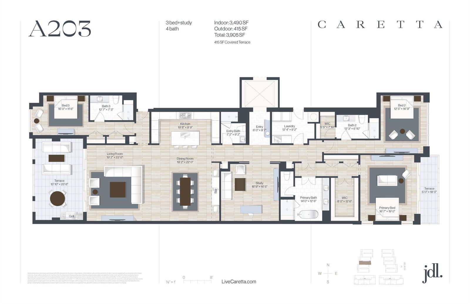 This floor plan shows a three-bedroom, four-bathroom residential unit with two terraces and a study — 1011 Us Highway 1 # A203, Juno Beach FL 33408, JUNO BEACH, FL