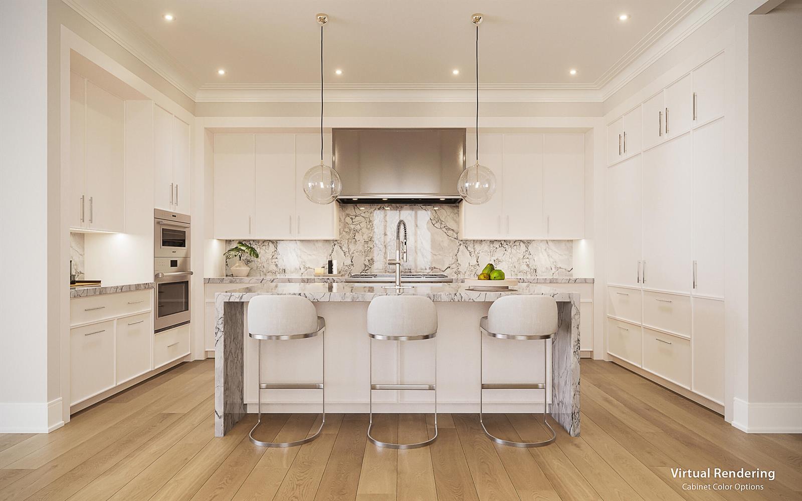 A virtual rendering of a modern white kitchen featuring a marble island and wood flooring — 1011 Us Highway 1 # A203, Juno Beach FL 33408, JUNO BEACH, FL