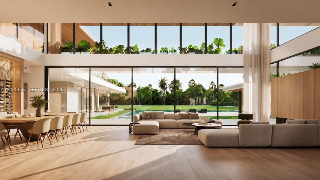 This rendering shows a modern, open-concept living and dining area with floor-to-ceiling windows overlooking a pool — 18105 SW 158th St, Miami FL 33187, MIAMI, FL