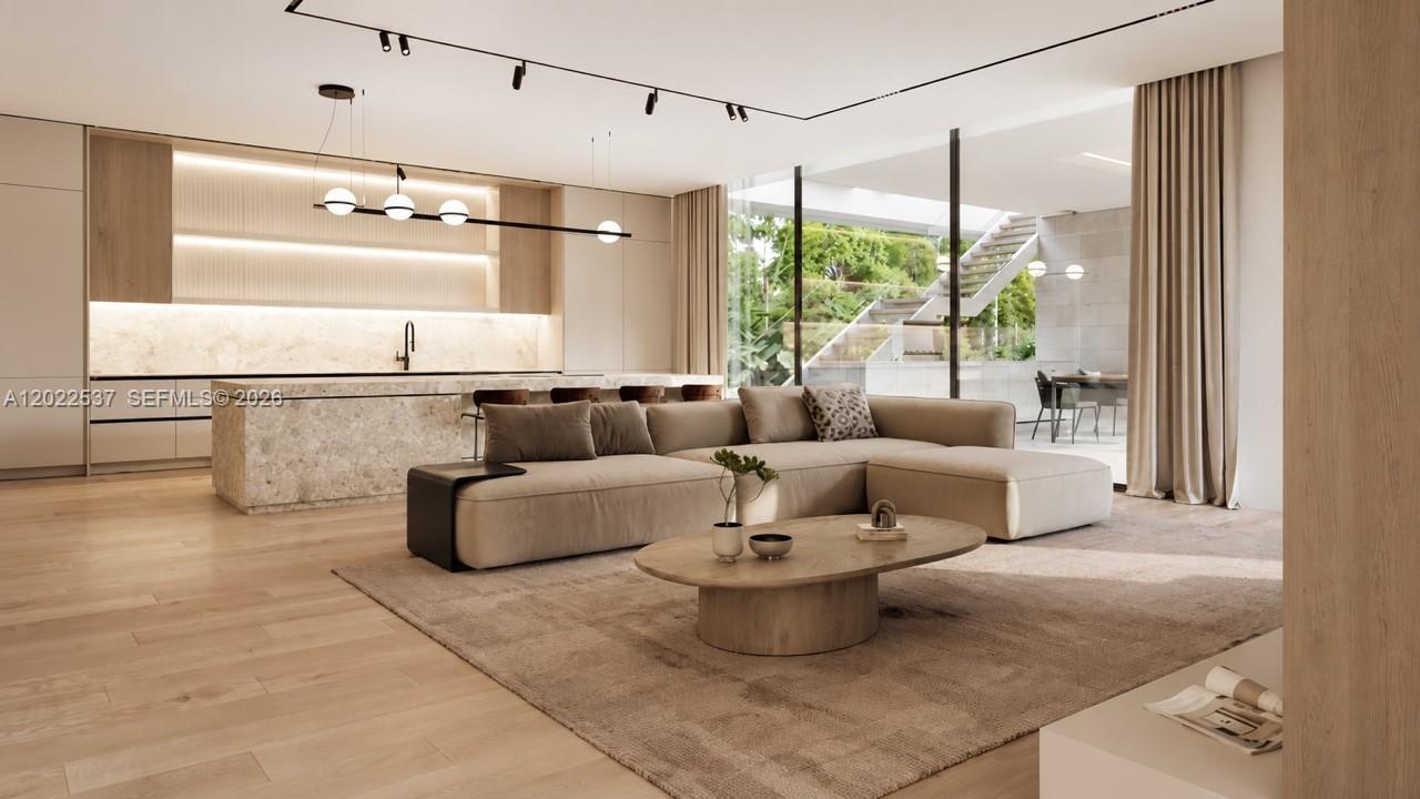 This rendering shows a modern open-concept living room and kitchen with neutral tones and wood flooring — 18105 SW 158th St, Miami FL 33187, MIAMI, FL