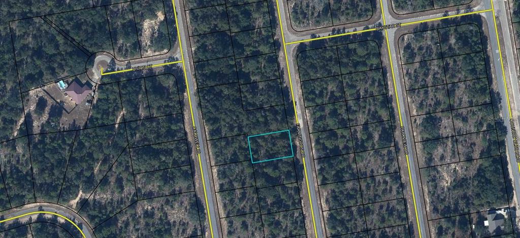 This is an aerial map showing a vacant, rectangular lot highlighted in blue along a road — Lot 18 Unit 2 Blk 223 FARMINGTON DRIVE, CHIPLEY, FL