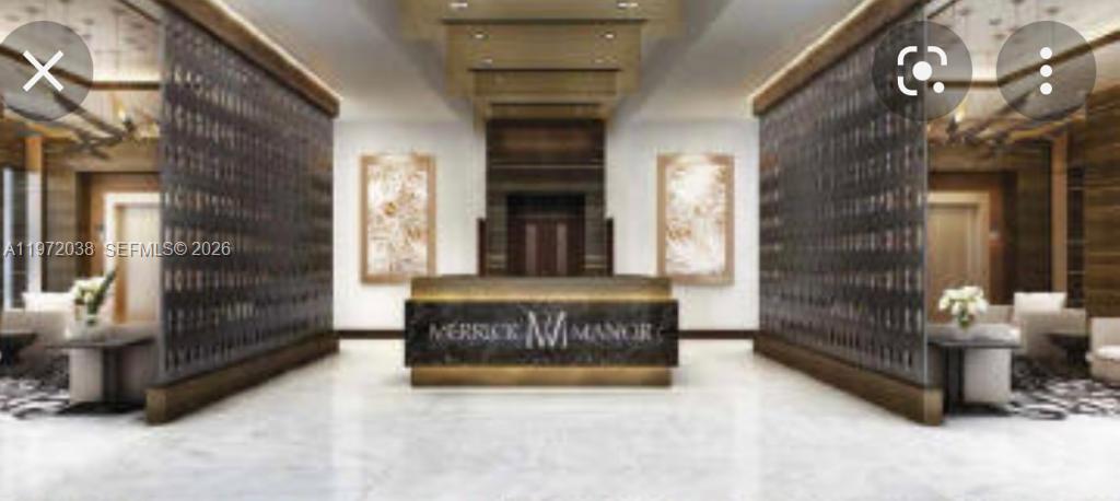 This rendering shows a modern lobby with a central reception desk and decorative metal screens — 301 Altara Ave # 701, Coral Gables FL 33146, CORAL GABLES, FL