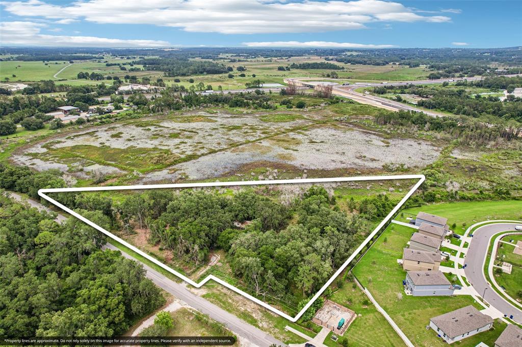 An aerial view shows a triangular plot of wooded land adjacent to a residential neighborhood — 20736 OBRIEN ROAD, GROVELAND, FL