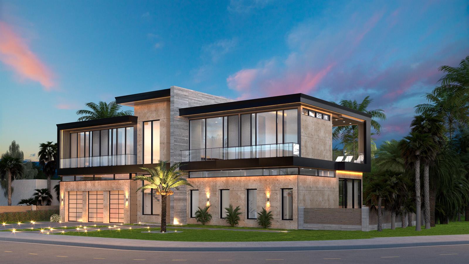 A digital rendering of a modern two-story concrete house with large glass windows at dusk — 121 George Bush Boulevard, Delray Beach FL 33444, DELRAY BEACH, FL