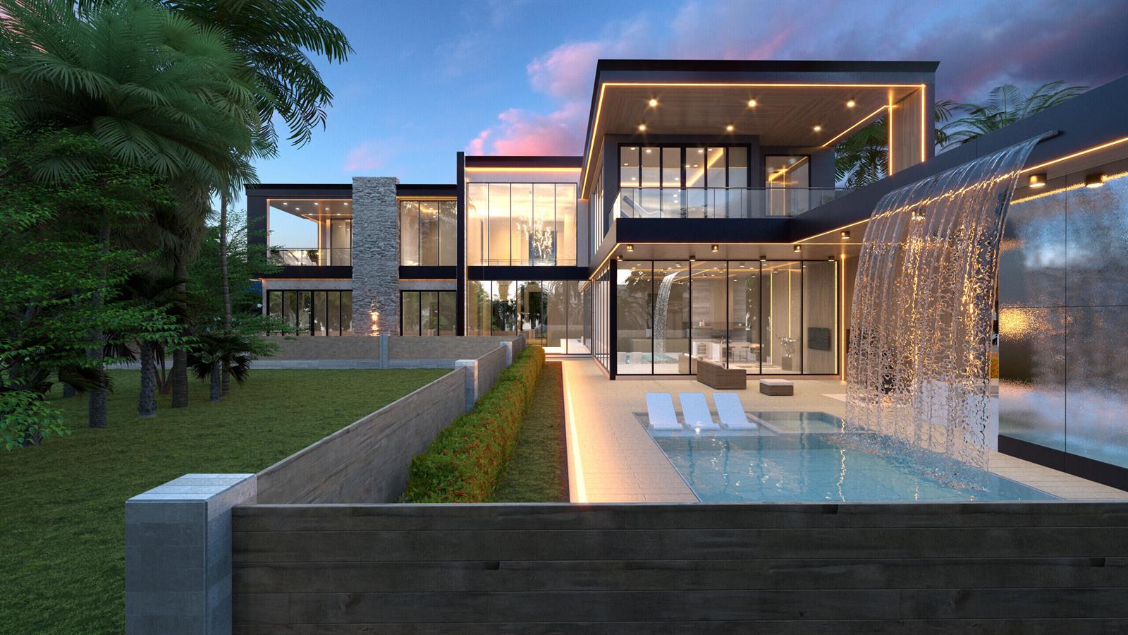 A digital rendering of a modern two-story luxury home featuring a pool and waterfall — 121 George Bush Boulevard, Delray Beach FL 33444, DELRAY BEACH, FL