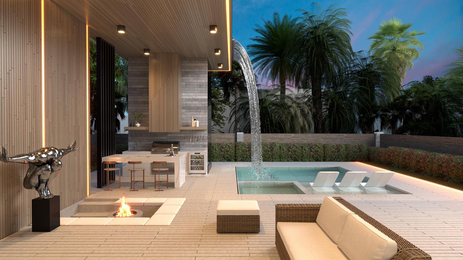 This architectural rendering shows a modern outdoor patio with a pool, waterfall, and kitchen area — 121 George Bush Boulevard, Delray Beach FL 33444, DELRAY BEACH, FL