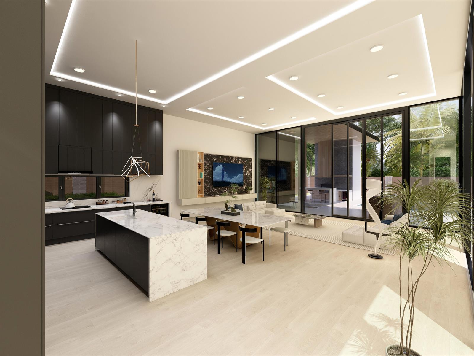 This is a rendering of an open-concept kitchen and living area with modern marble finishes — 121 George Bush Boulevard, Delray Beach FL 33444, DELRAY BEACH, FL