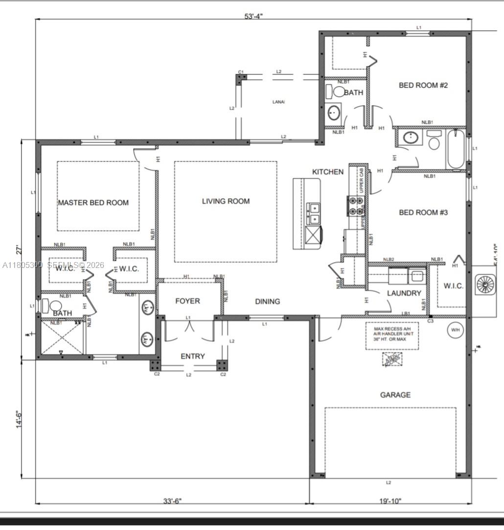 This floor plan shows a three-bedroom, two-bathroom home with an attached garage and a lanai — 326 Nathan Ave, Lehigh Acres FL 33974, LEHIGH ACRES, FL