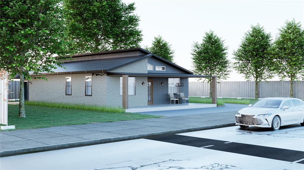 This is a rendering of a modern single-story house with a covered porch and driveway — 19 GUAVA PASS LANE, OCKLAWAHA, FL