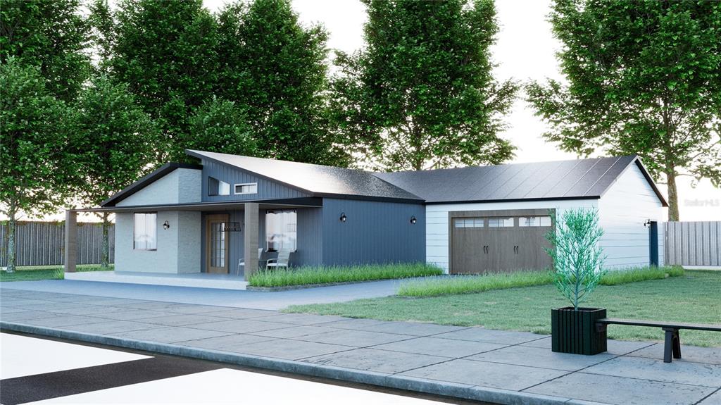 This is a rendering of a modern single-story house with a garage and covered porch — 19 GUAVA PASS LANE, OCKLAWAHA, FL