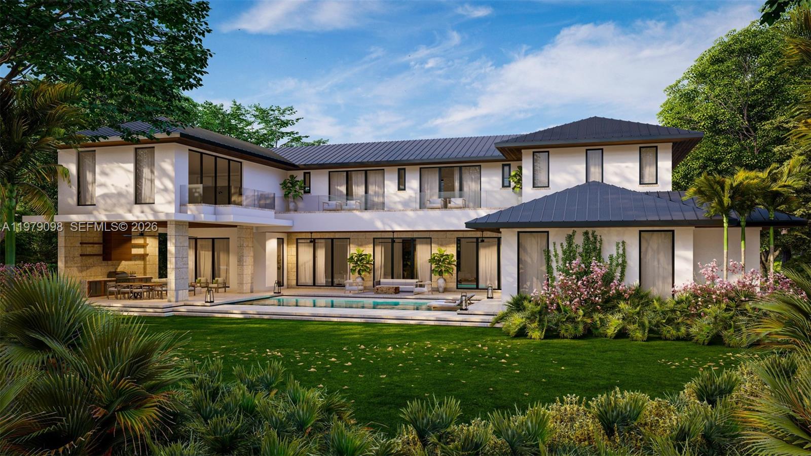 This is a rendering of the rear exterior of a two-story house with a pool — 9330 SW 72nd Ave, Pinecrest FL 33156, PINECREST, FL