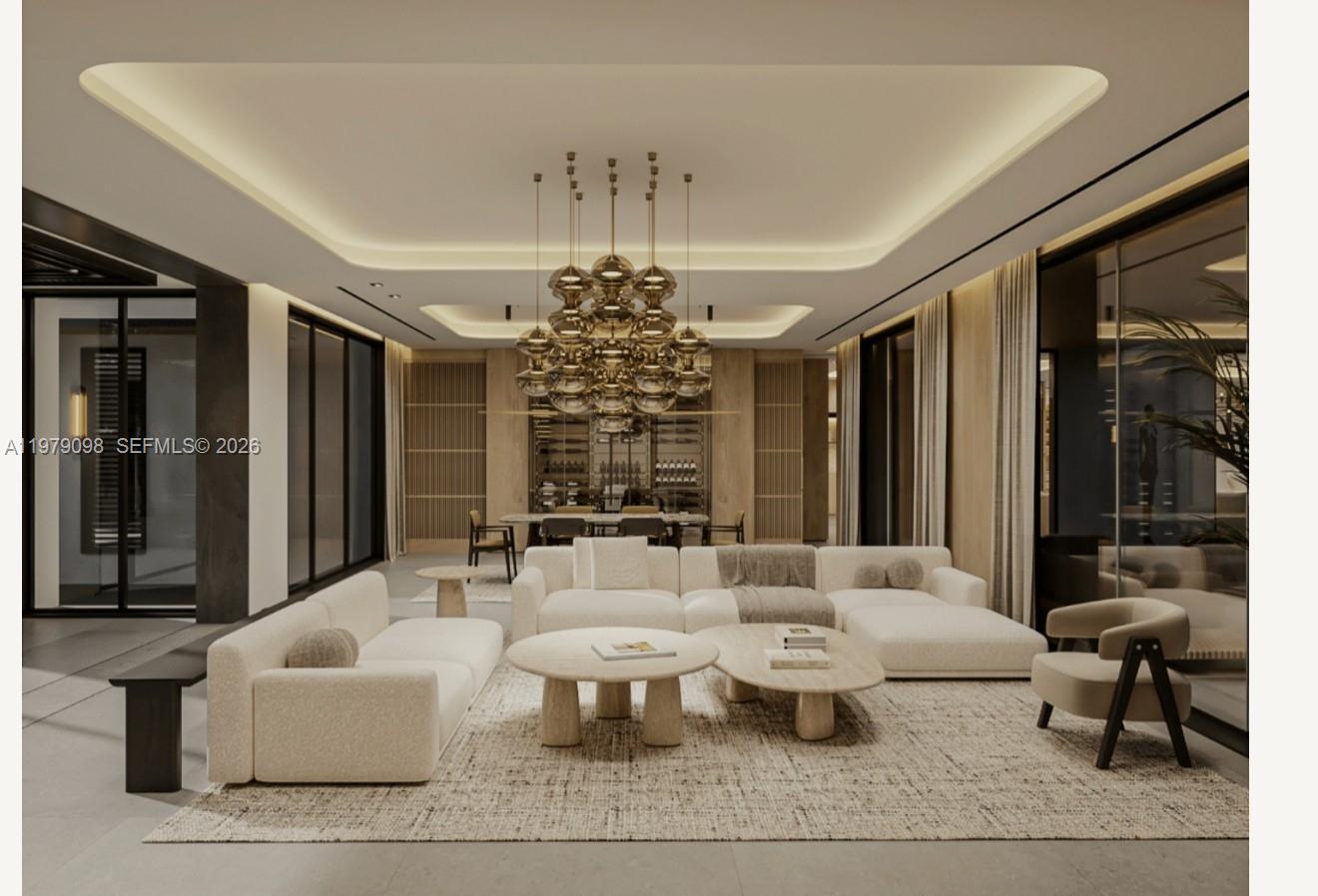 This is a rendering of a modern living room featuring a large chandelier and neutral furniture — 9330 SW 72nd Ave, Pinecrest FL 33156, PINECREST, FL