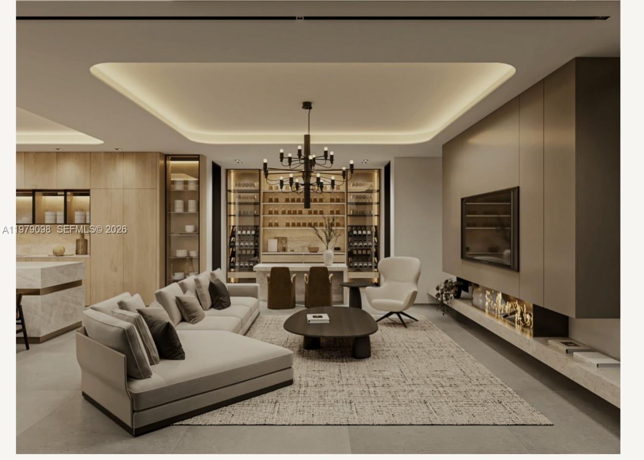 This rendering shows a modern open-concept living room with a fireplace, wine display, and chandelier — 9330 SW 72nd Ave, Pinecrest FL 33156, PINECREST, FL